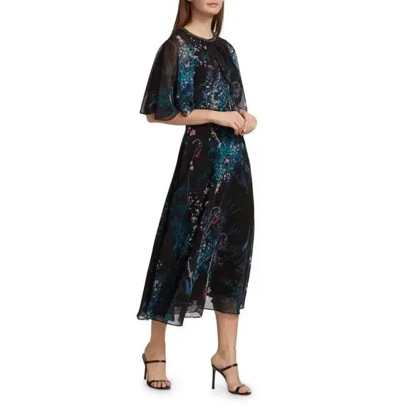 Teri Jon Rickie Freeman Chiffon Capelet Black Floral Cocktail Midi Dress 8